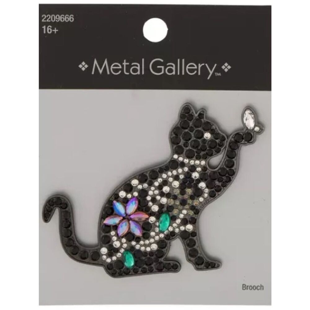 New Metal Gallery Black Cat Brooch with Multicolor Rhinestones